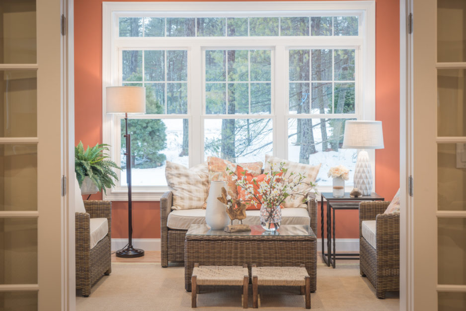 The sitting room of a Plymouth, Mass home on a snowy winter day