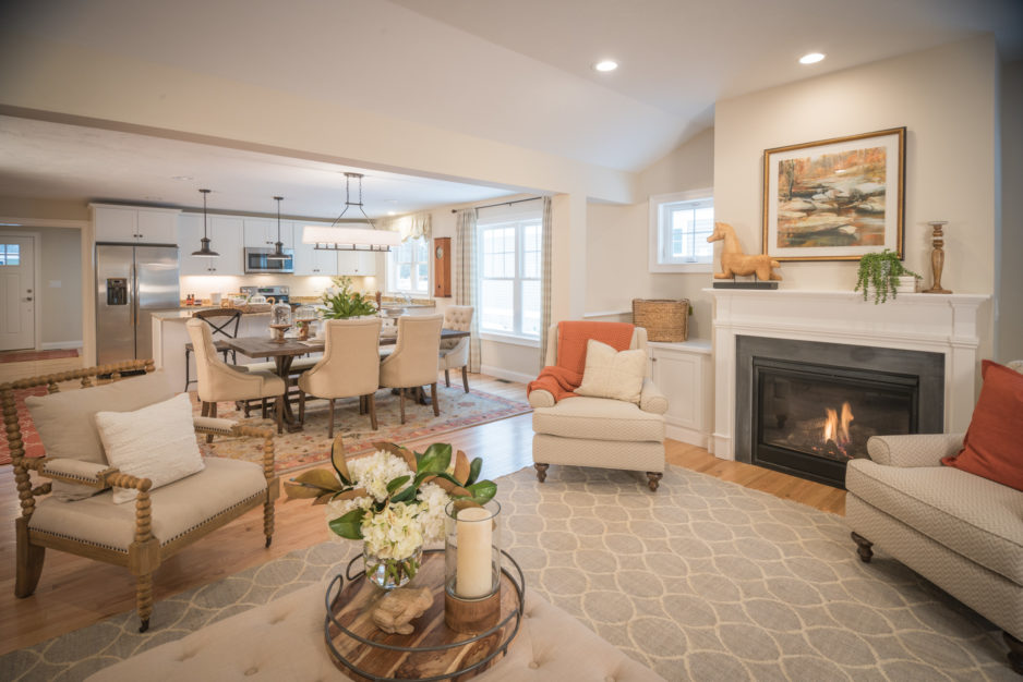 The fireplace of a living room in Plymouth, Massachusetts